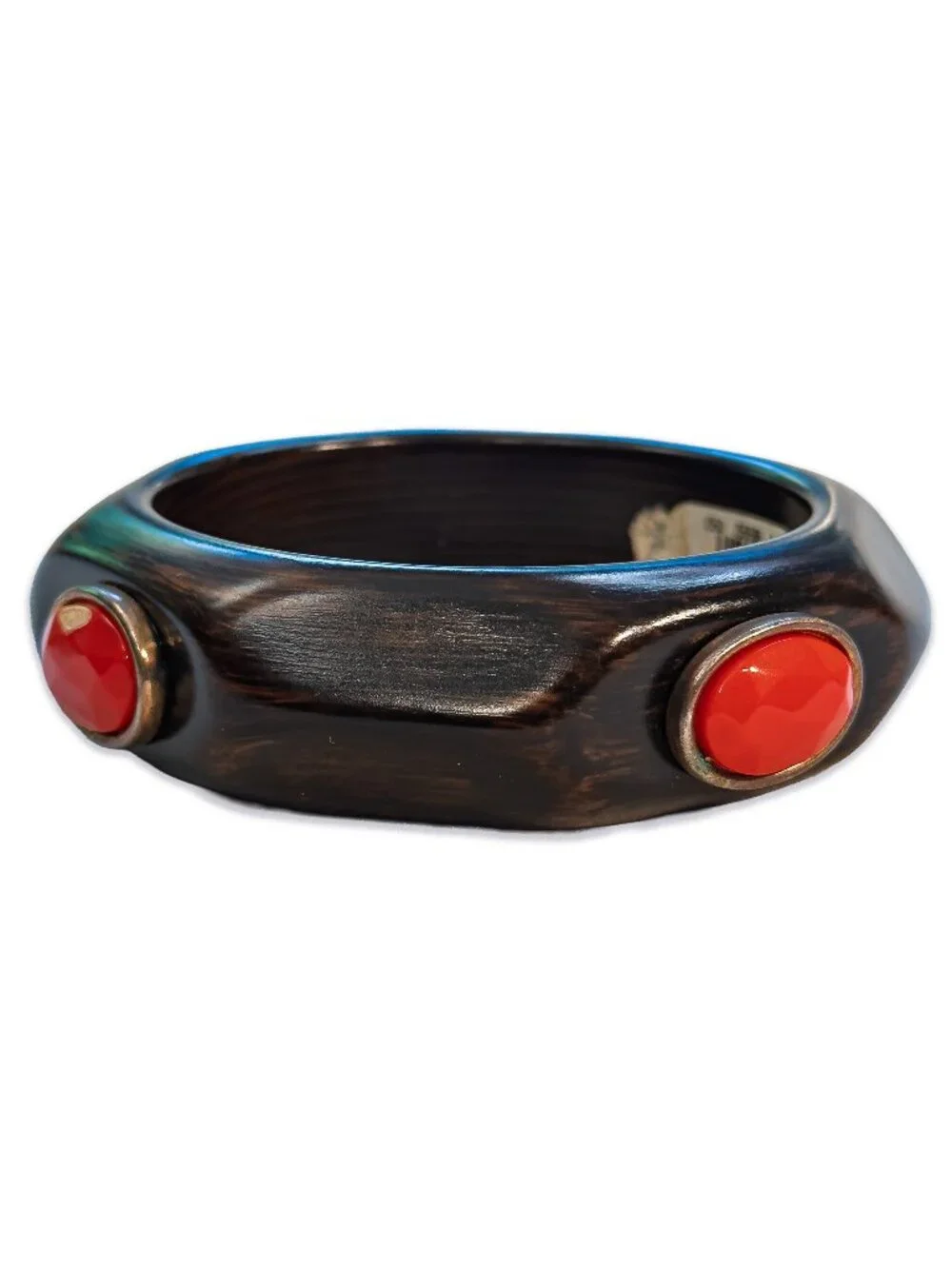 Lucite Faux Wood Bangle Fashion Bracelet with Red Cabochon Inlays